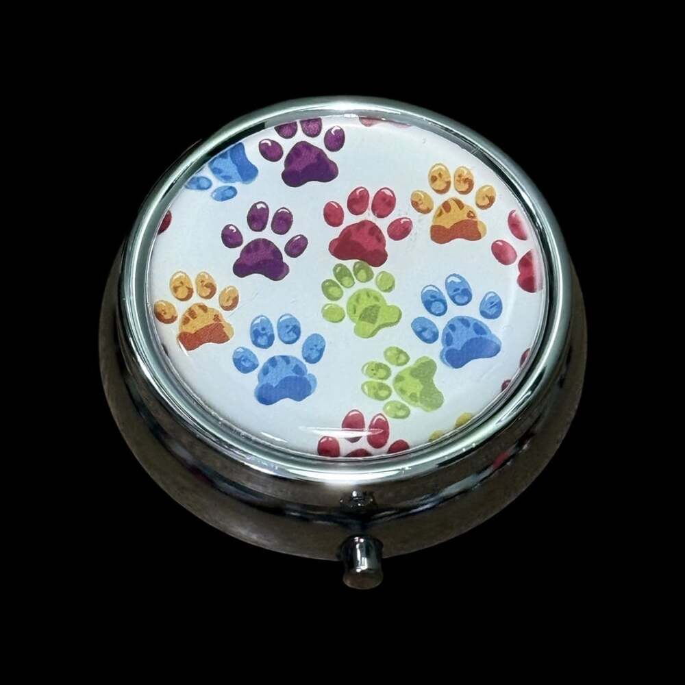 Cute Paw Print Portable Round Metal Pill Organizer Case - Picture 1 of 3